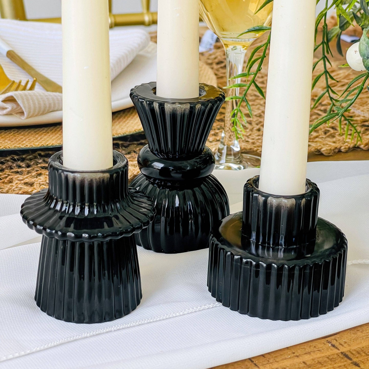 Black Ribbed Glass Taper Candle or Votive Holder - Double Sided Vintage Style - Priced Per Piece