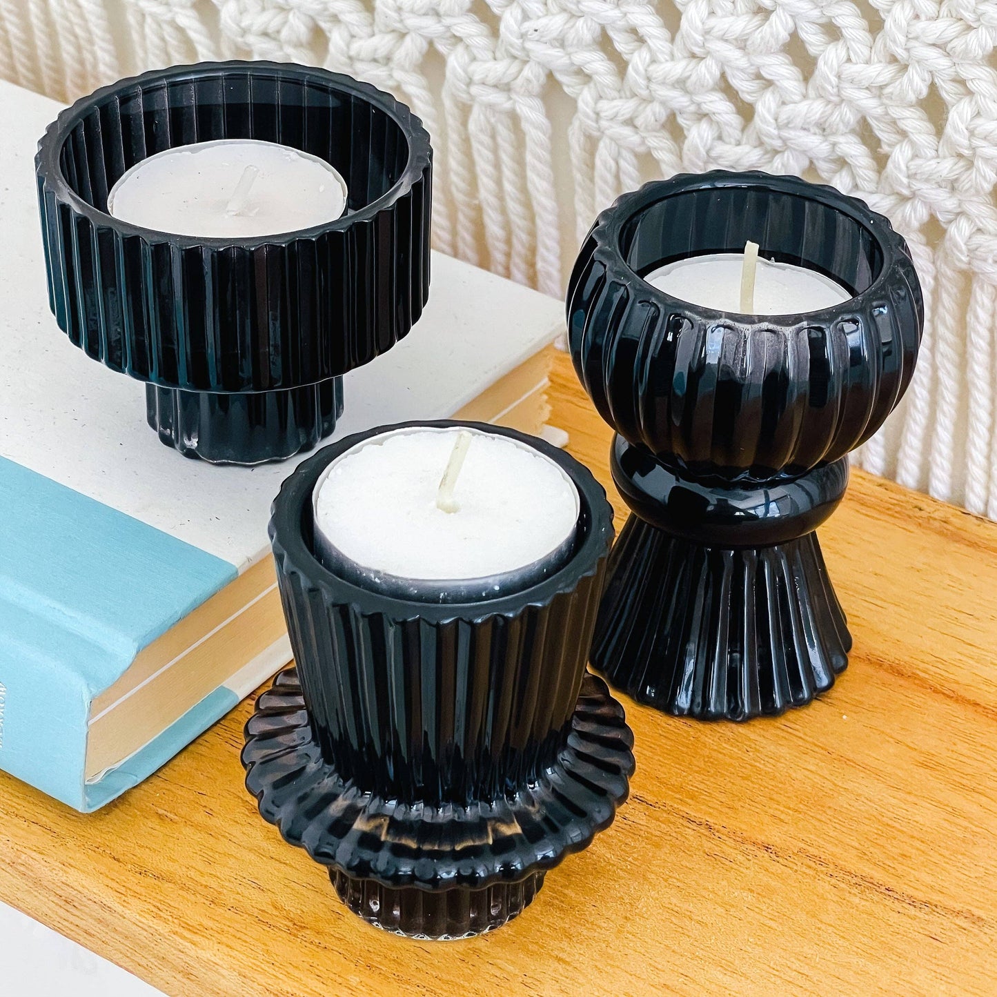 Black Ribbed Glass Taper Candle or Votive Holder - Double Sided Vintage Style - Priced Per Piece