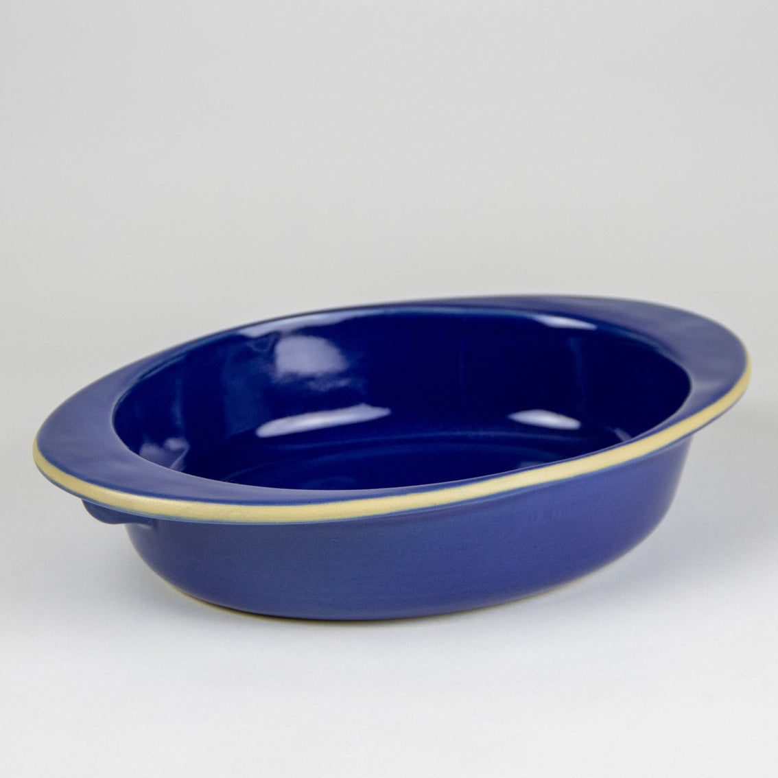American blue oval stoneware baking dish. Oven safe bakeware.
