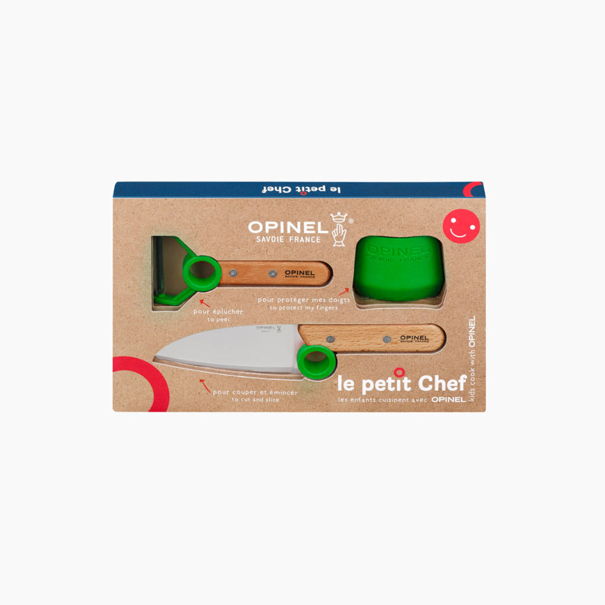 Le Petit Chef Little Chef by Opinel set of kitchen tools for child in a gift box. Green set. Stainless steel blade santoku child knife with beechwood handle, vegetable peeler with beechwood handle, green plastic finger guard