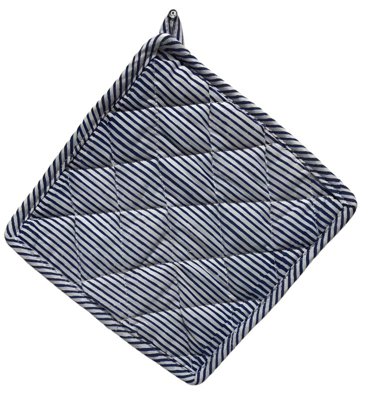 Hand printed cotton pot holder. Thin blue stripes on white background.
