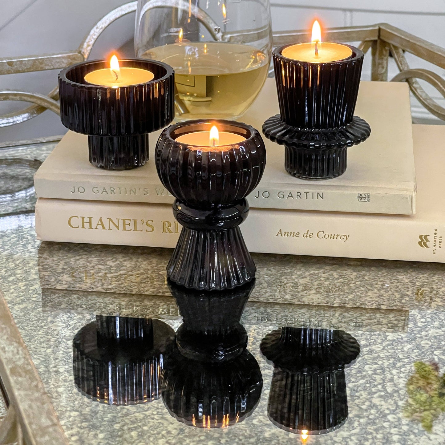 Black Ribbed Glass Taper Candle or Votive Holder - Double Sided Vintage Style - Priced Per Piece
