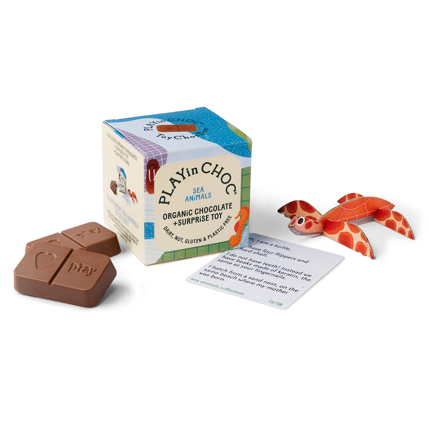 Sea Animals - Vegan and Gluten Free Surprise Box - Puzzle Toy with Chocolate - Plastic Free - ToyChoc Box®
