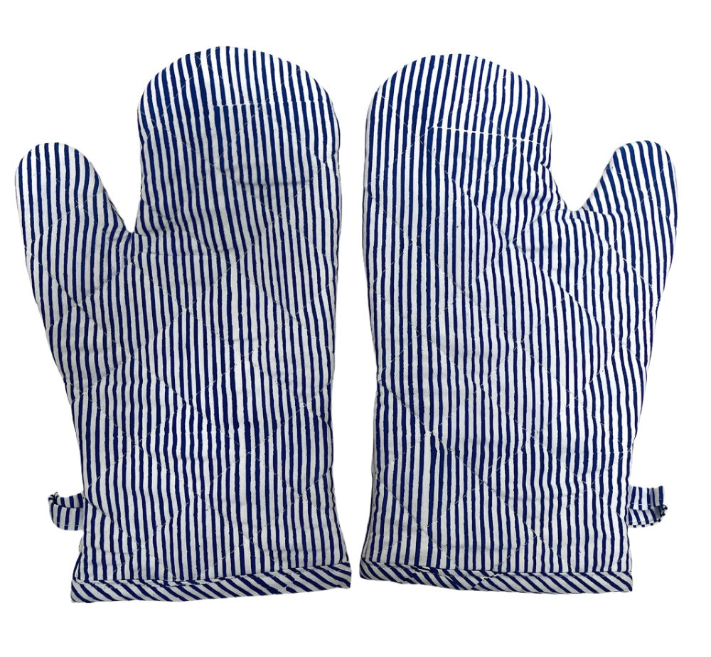 Hand printed cotton pair of oven mitts. Blue striped print on white.