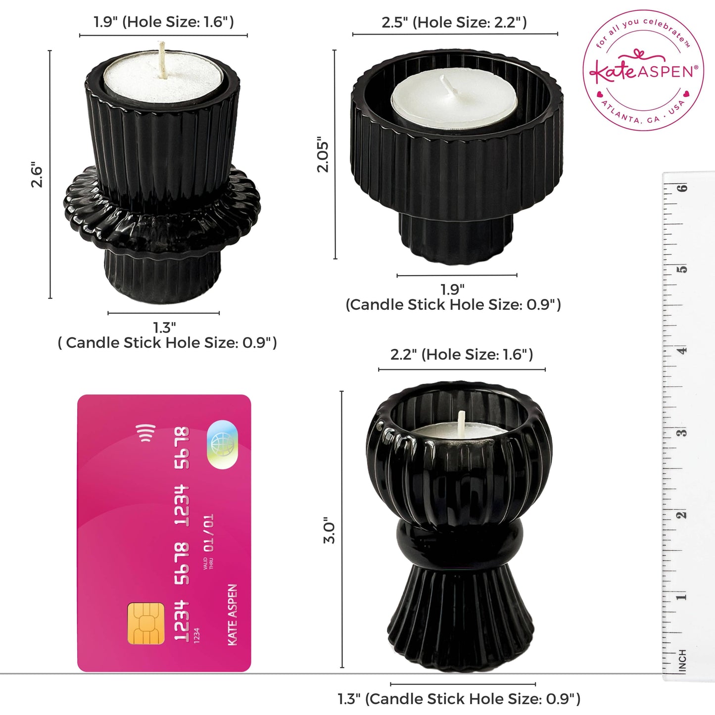 Black Ribbed Glass Taper Candle or Votive Holder - Double Sided Vintage Style - Priced Per Piece