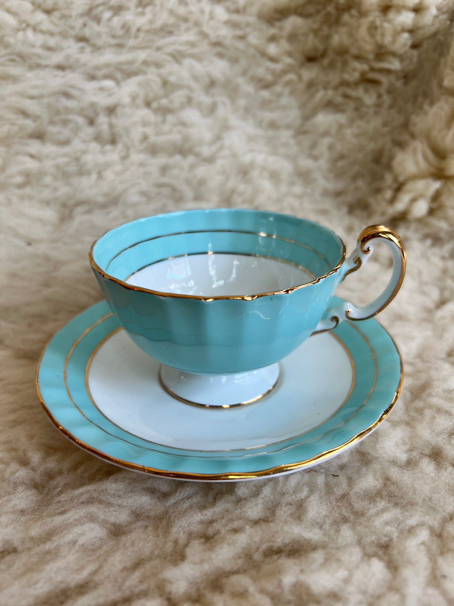 Aynsley Bone China Orchard Fruit Tea Cup and Saucer - Vintage Cup and Saucer - Aqua Blue with Gold Trim