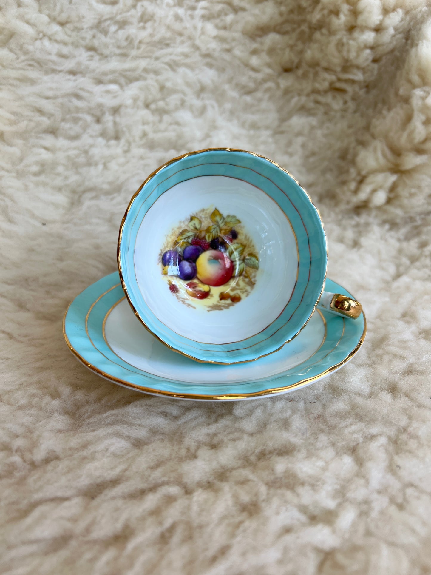 Aynsley Bone China Orchard Fruit Tea Cup and Saucer - Vintage Cup and Saucer - Aqua Blue with Gold Trim