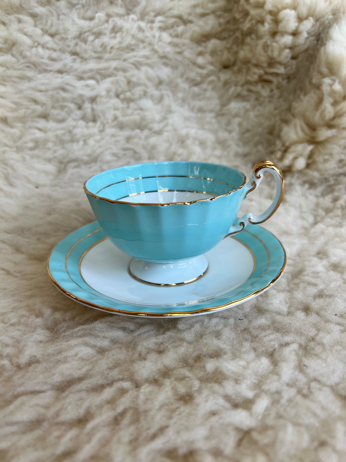 Aynsley Bone China Orchard Fruit Tea Cup and Saucer - Vintage Cup and Saucer - Aqua Blue with Gold Trim