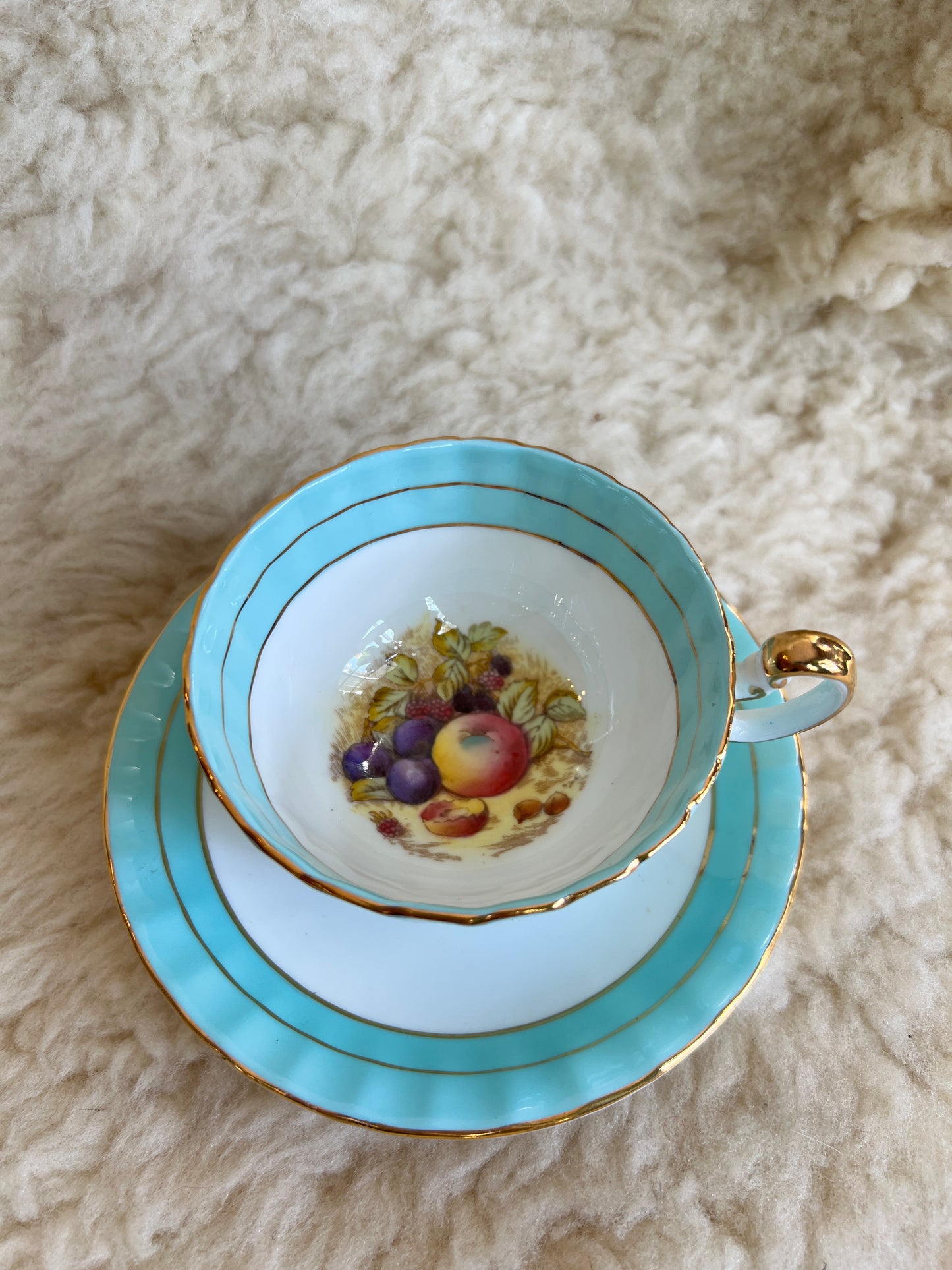 Aynsley Bone China Orchard Fruit Tea Cup and Saucer - Vintage Cup and Saucer - Aqua Blue with Gold Trim