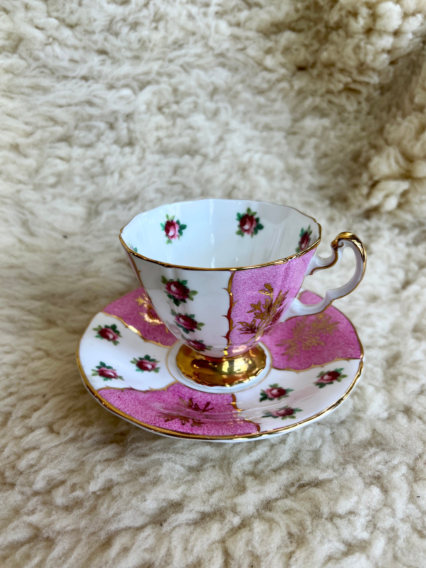 Vintage Adderley Teacup and Saucer - English Fine Bone China - Pink and Gold Floral Roses Design