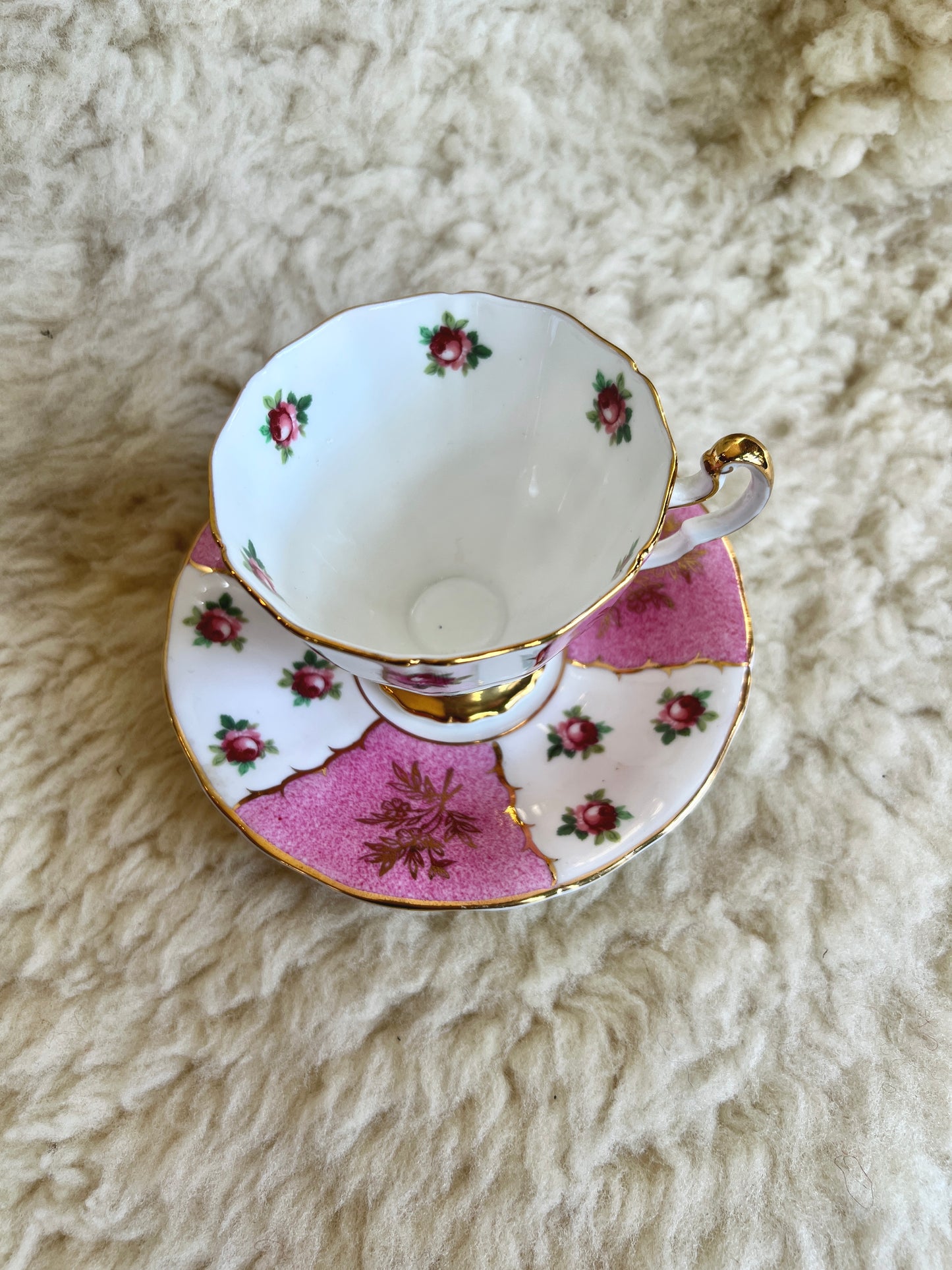 Vintage Adderley Teacup and Saucer - English Fine Bone China - Pink and Gold Floral Roses Design