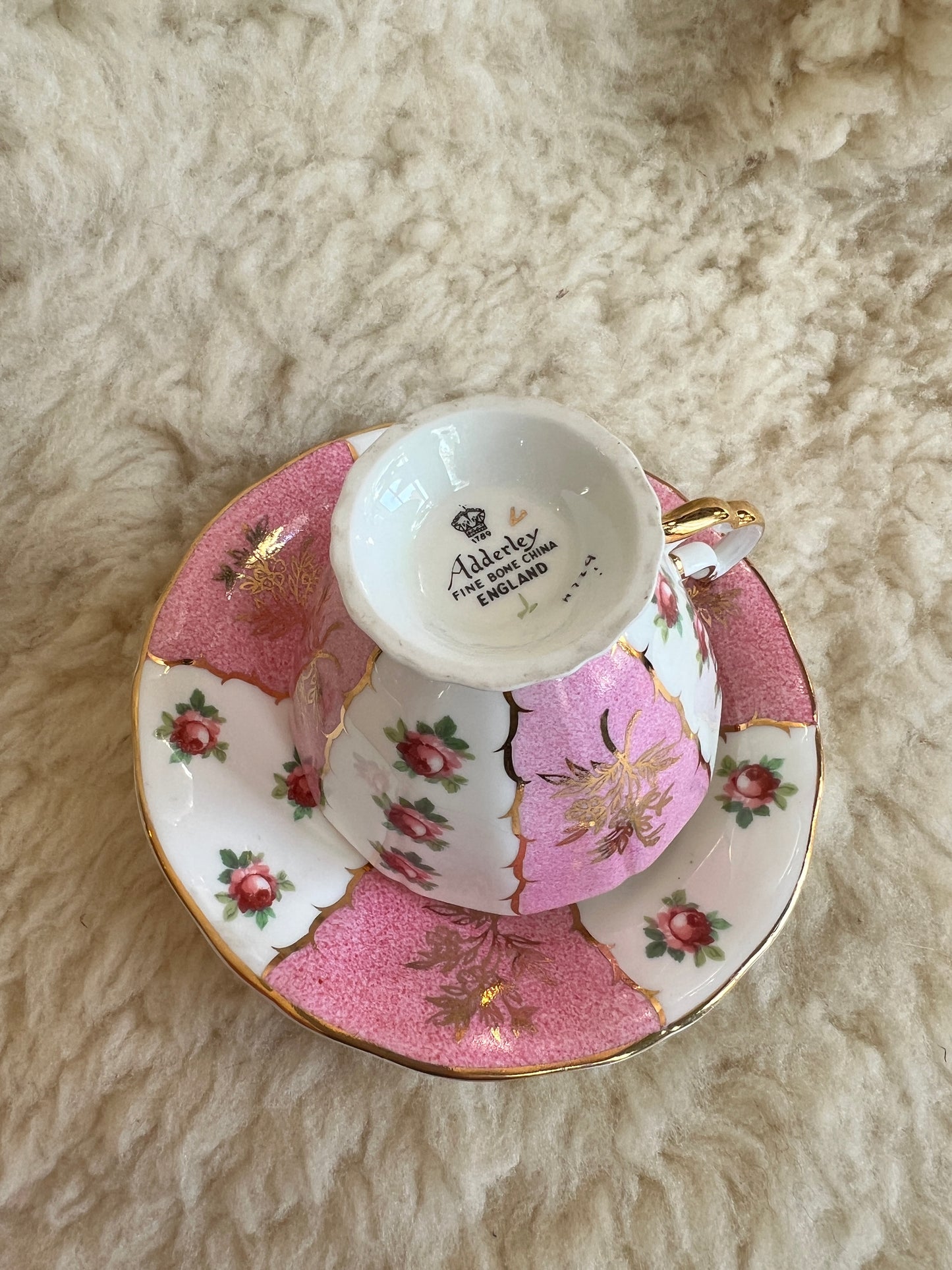 Vintage Adderley Teacup and Saucer - English Fine Bone China - Pink and Gold Floral Roses Design