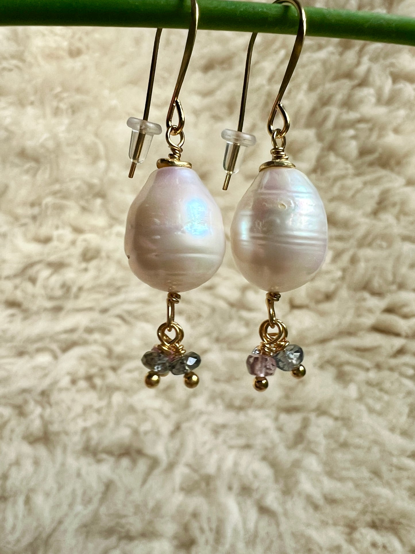 Baroque Pearl Dangle with Sapphire Charms Earrings