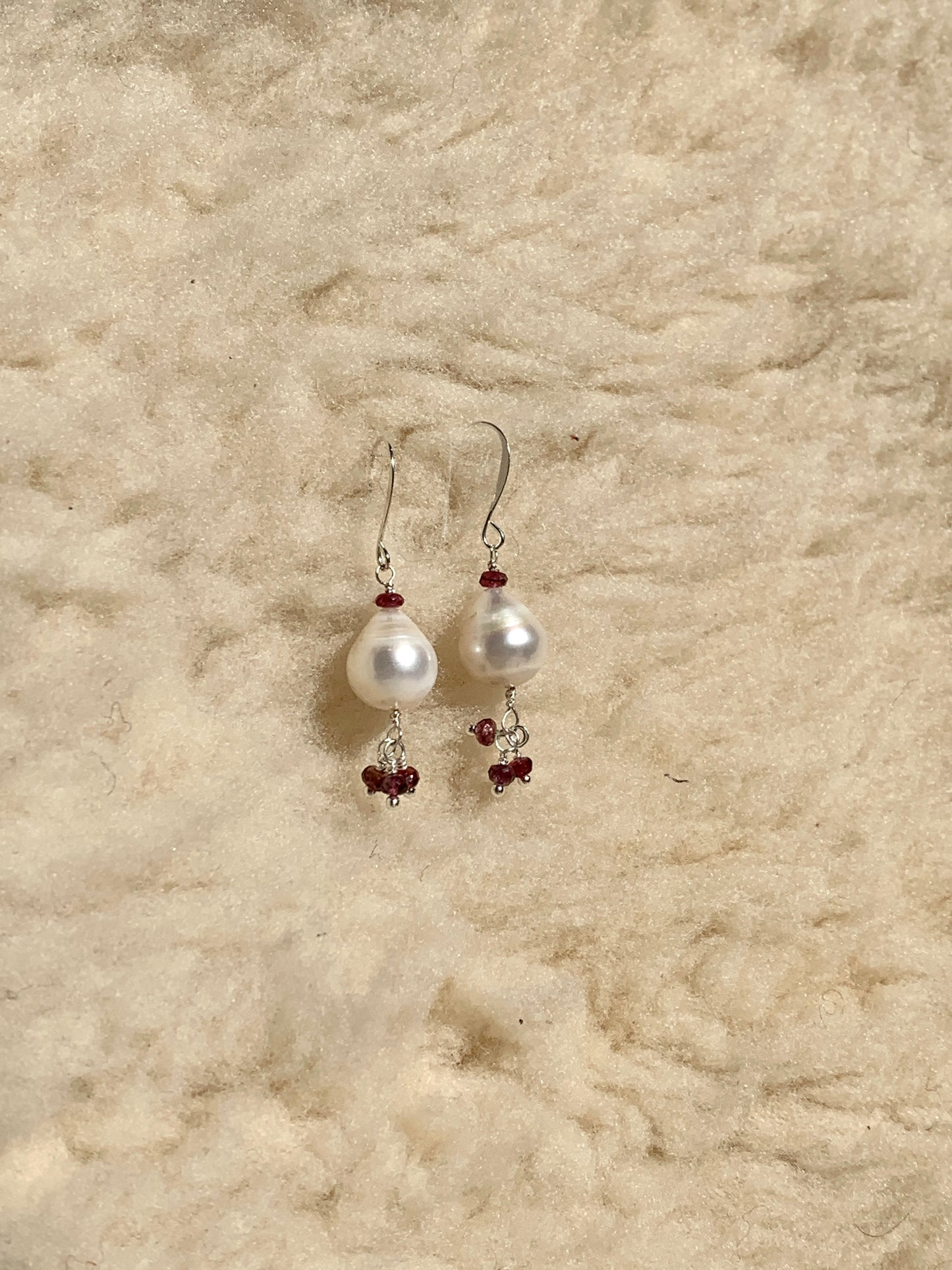 Baroque Pearl Dangle with Red Sapphire Charms Earrings