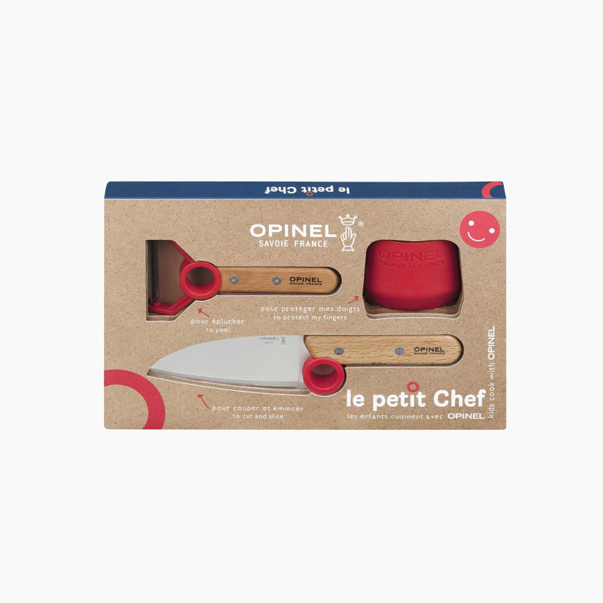 Le Petit Chef Little Chef by Opinel set of kitchen tools for child in a gift box. Red set. Stainless steel blade santoku child knife with beechwood handle, vegetable peeler with beechwood handle, red plastic finger guard