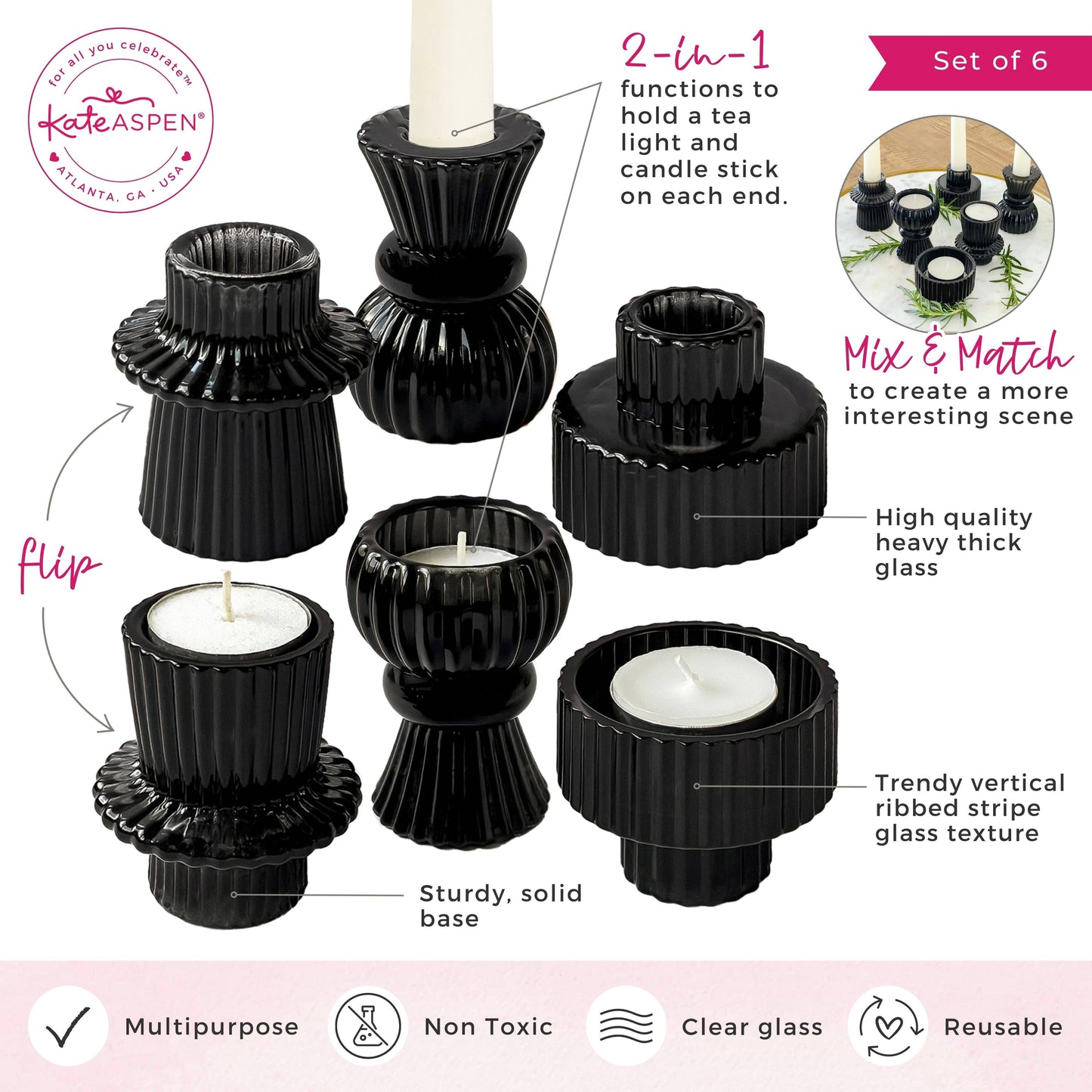 Black Ribbed Glass Taper Candle or Votive Holder - Double Sided Vintage Style - Priced Per Piece