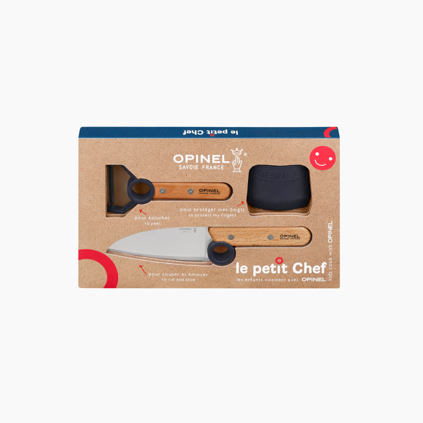 Le Petit Chef Little Chef by Opinel set of kitchen tools for child in a gift box. Dark blue set. Stainless steel blade santoku child knife with beechwood handle, vegetable peeler with beechwood handle, dark blue plastic finger guard