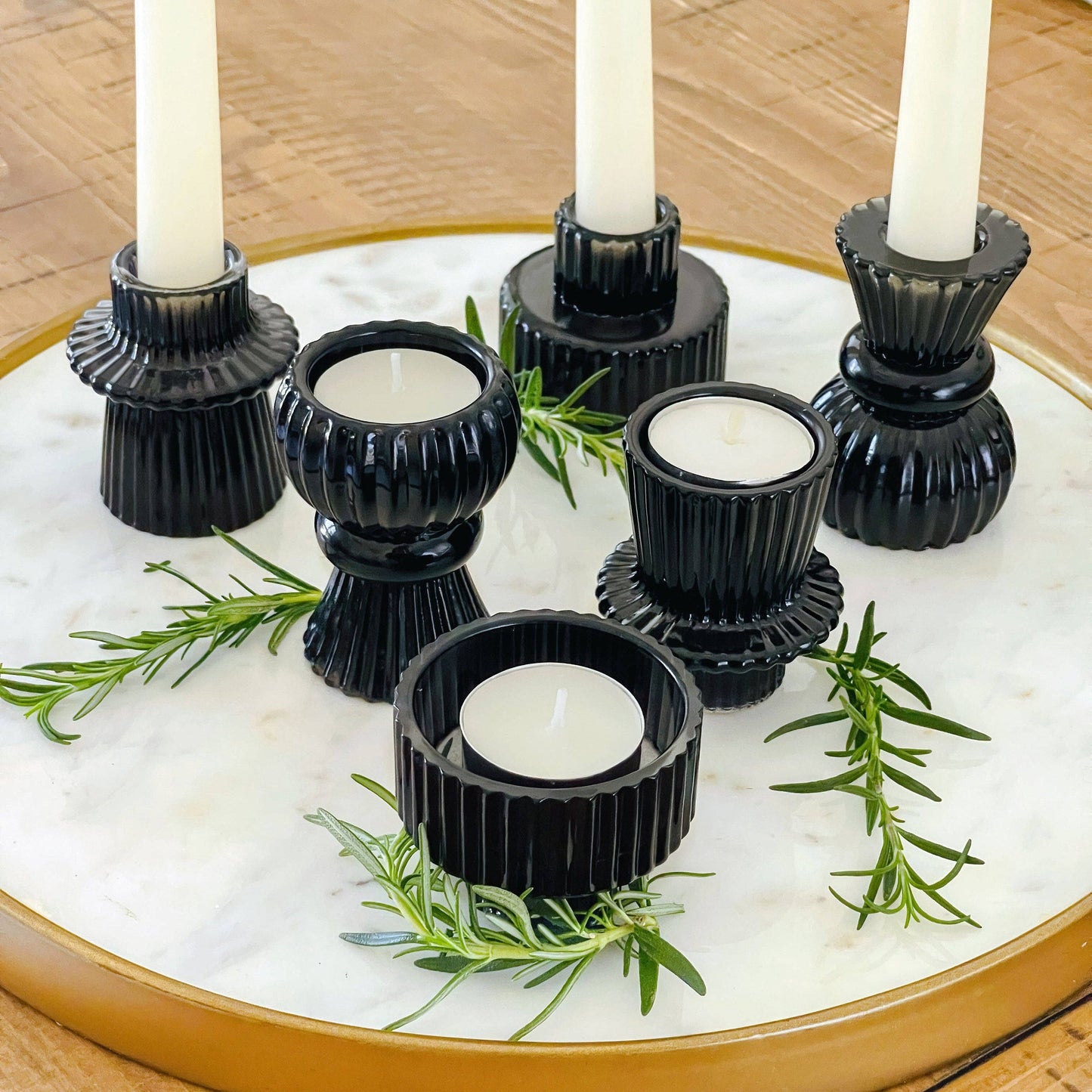 Black Ribbed Glass Taper Candle or Votive Holder - Double Sided Vintage Style - Priced Per Piece