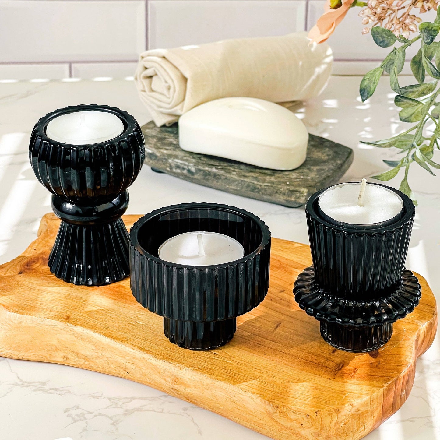 Black Ribbed Glass Taper Candle or Votive Holder - Double Sided Vintage Style - Priced Per Piece