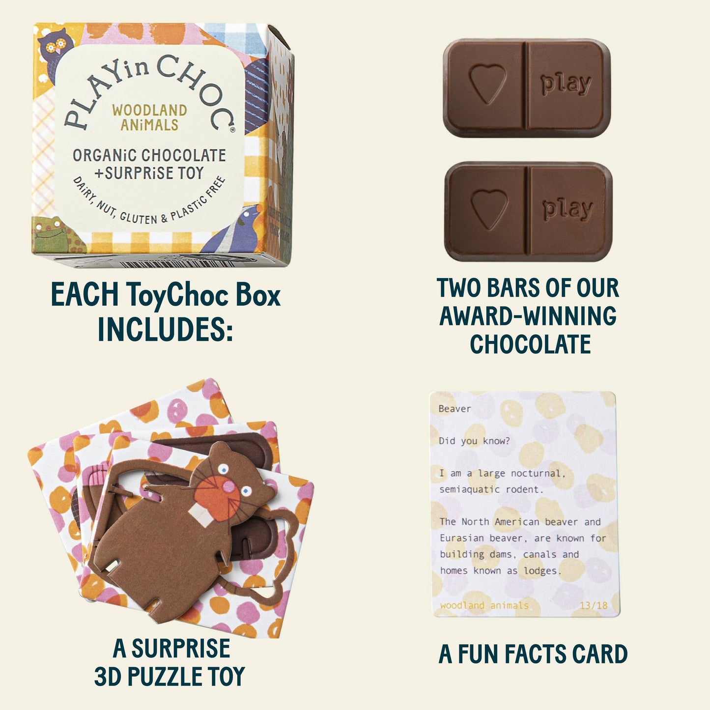 Woodland Animals - Vegan and Gluten Free Surprise Box - Puzzle Toy with Chocolate - Plastic Free - ToyChoc Box®