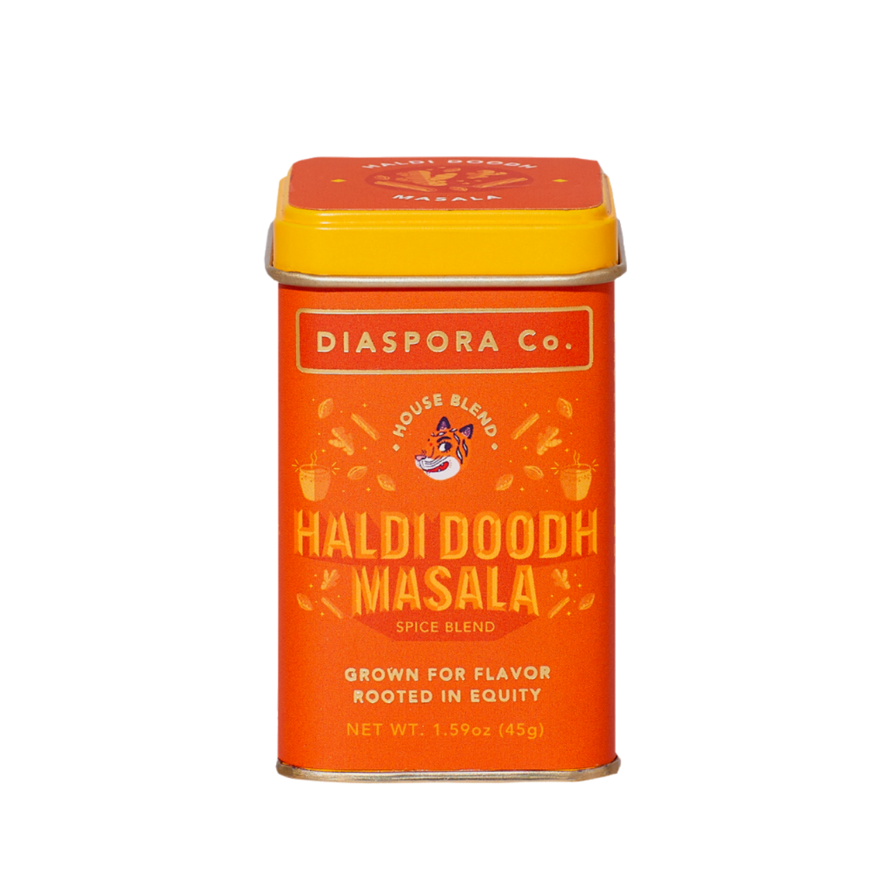 Haldi Doodh Masala Spice Blend in an orange metal tin container. Golden Milk spices, turmeric latte ingredients. Grown for flavor rooted in equity.