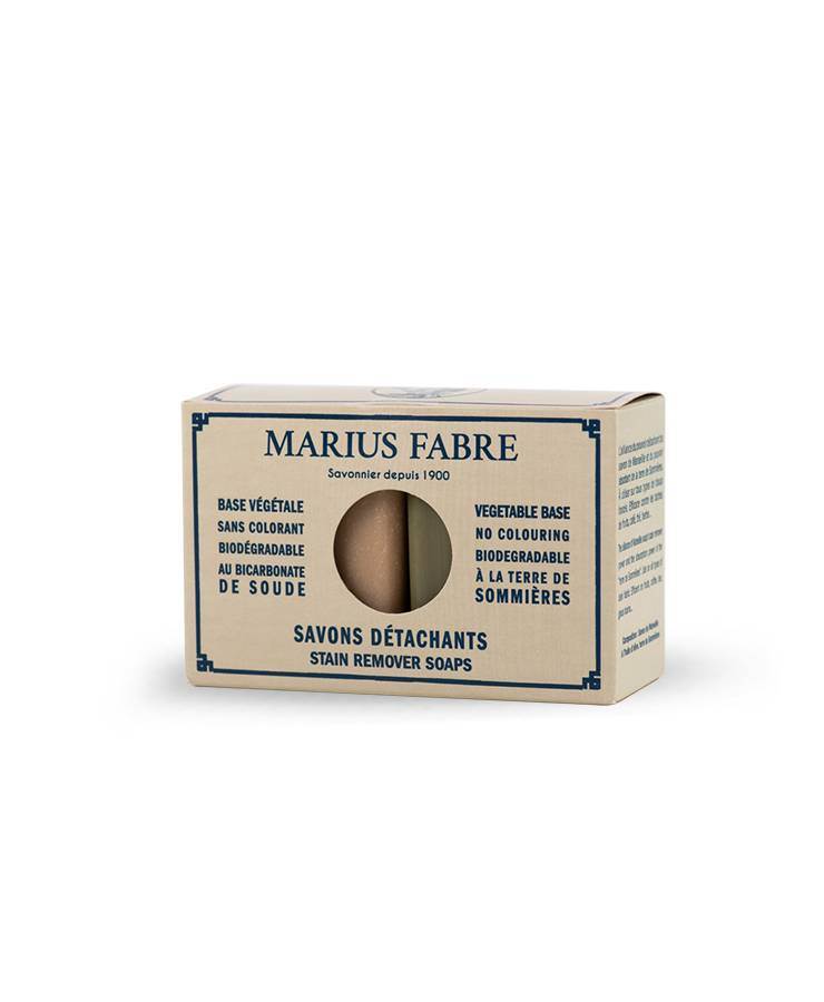 Beige box with french writing on it, Marius Fabre Savonie depuis 1900. Stain removing duo in box. White soap and black (olive) soap.