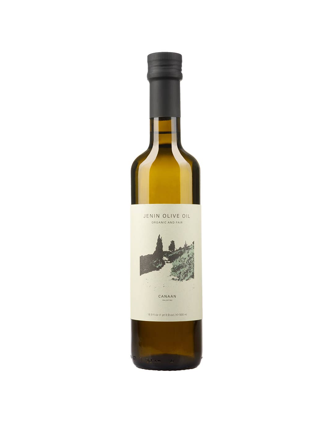 Jenin Olive Oil by Cannaan Palestine. Palestinian olive oil in an amber glass bottle. Organic and Fair.