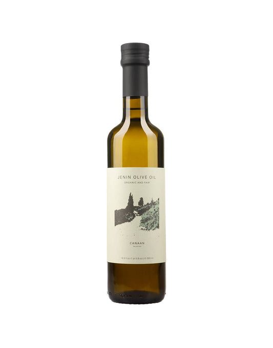 Jenin Olive Oil by Cannaan Palestine. Palestinian olive oil in an amber glass bottle. Organic and Fair.