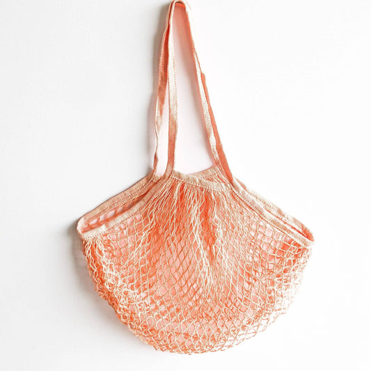 Natural Mesh Cotton Shopping Bag with Long Handle - Peach