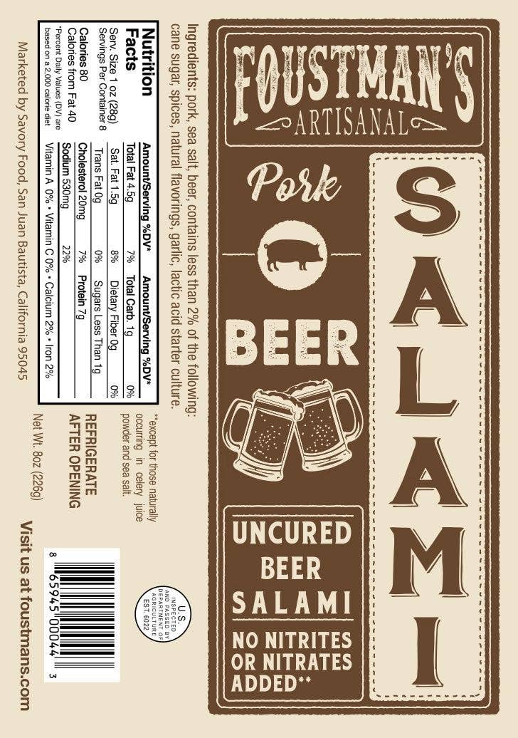 Pork Beer | Foustman's All-Natural Uncured Salami - 8oz