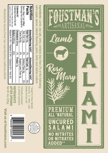 Lamb Rosemary | Foustman's All Natural Uncured Salami - 8oz