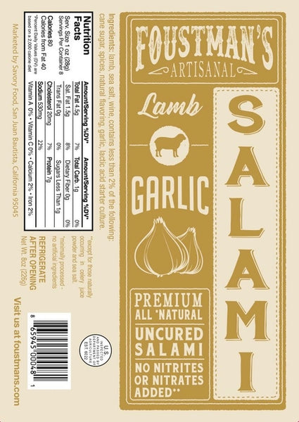 Lamb Garlic | Foustman's All-Natural Uncured Salami - 8oz