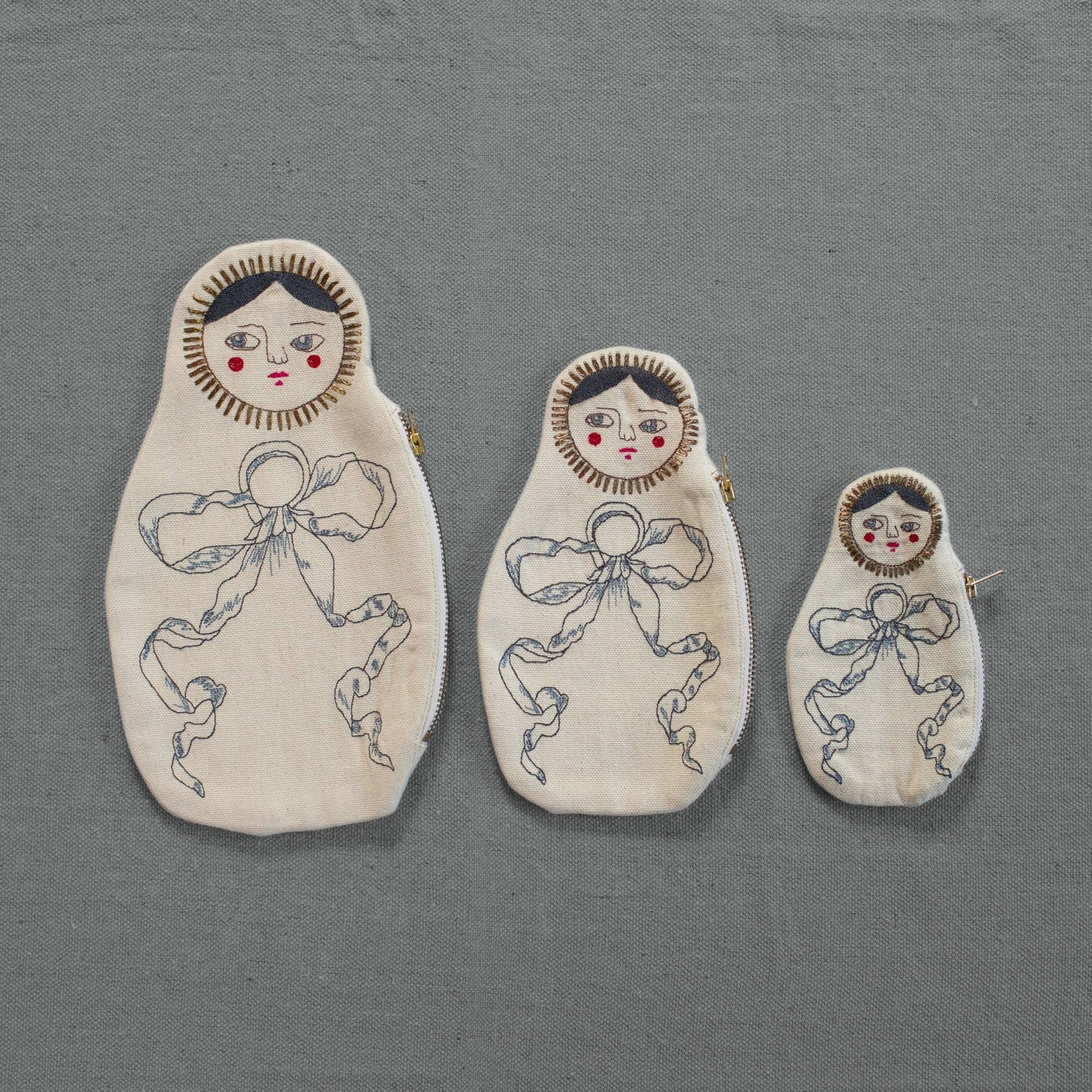 Nesting Doll Pouch Set - 3 Embroidered Zip Pouches