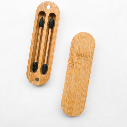 Reusable Plastic Free Bamboo Silicon Q-Tips with Bamboo Case - Black