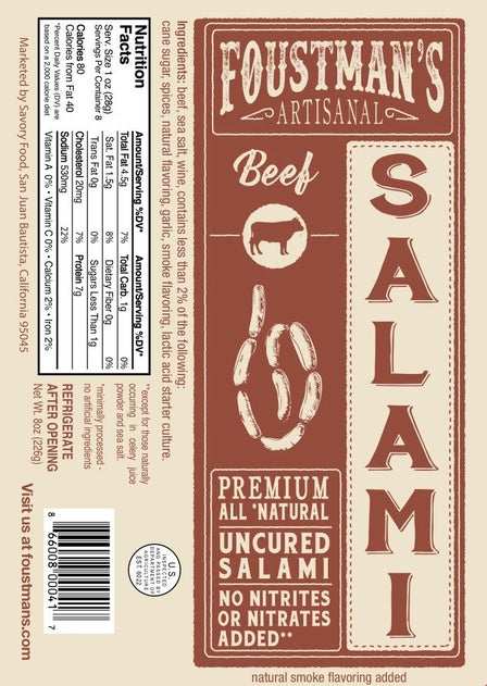 Beef Salami | Foustman's All-Natural Uncured Salami - 8oz