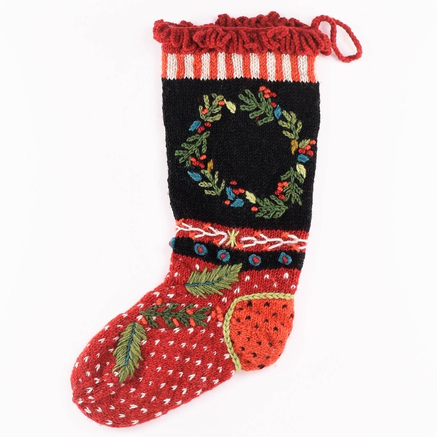 Knitted Wool Christmas Stocking - Wreath