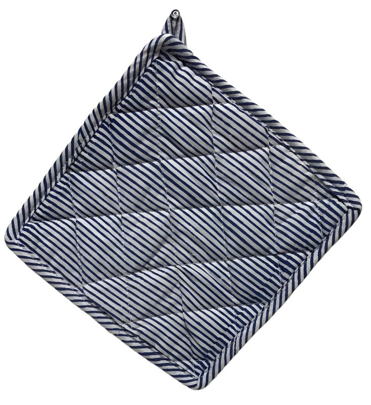 Hand printed cotton pot holder. Thin blue stripes on white background. 