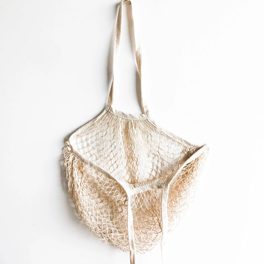 Natural Mesh Cotton Shopping Bag with Long Handle - Beige