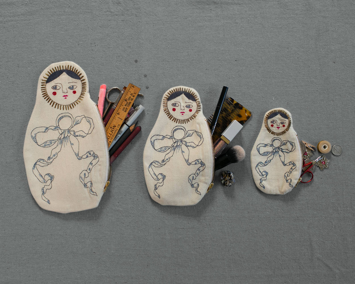 Nesting Doll Pouch Set - 3 Embroidered Zip Pouches