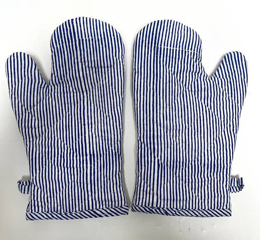 Oven Mitts Pair Stripe Blue and Natural