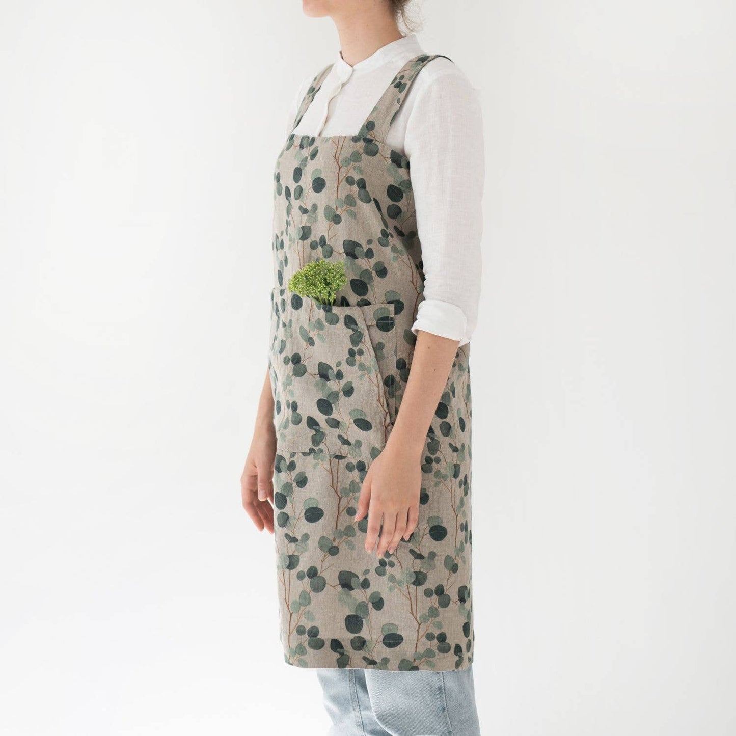 Eucalyptus on Natural Linen Pinafore Apron