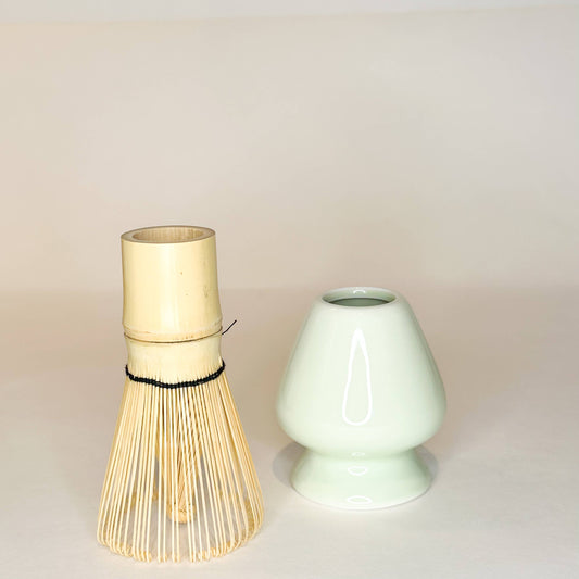 Sage Matcha Set -  Natural Handmade Bamboo Matcha Tea Whisk on Ceramic Stand