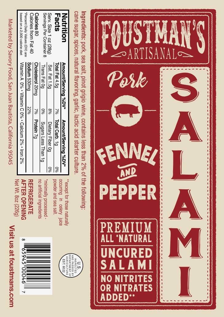 Pork Fennel & Pepper | Foustman's All-Natural Uncured Salami - 8oz