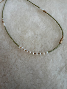 Dainty Beaded Choker- in Sage with Pearls and Clay