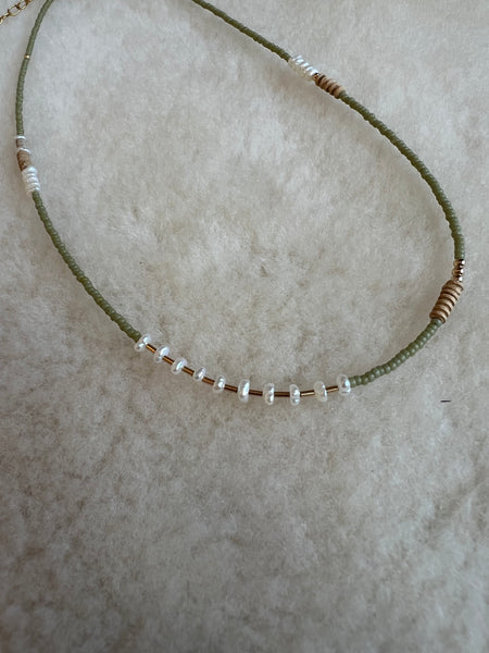 Dainty Beaded Choker- in Sage with Pearls and Clay