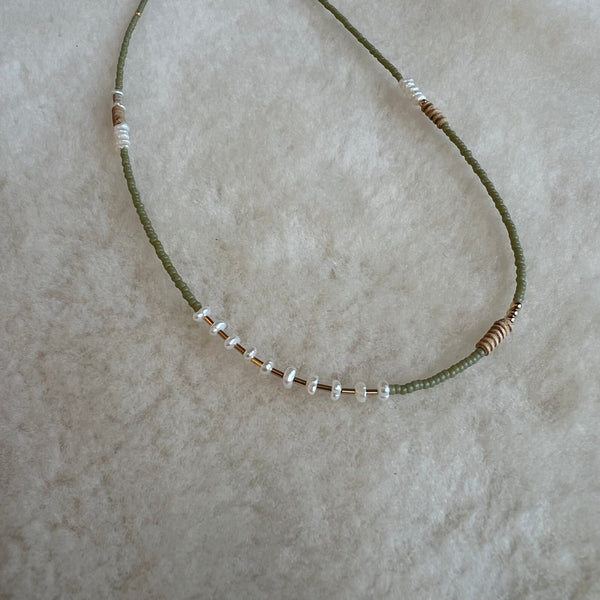 Dainty Beaded Choker- in Sage with Pearls and Clay