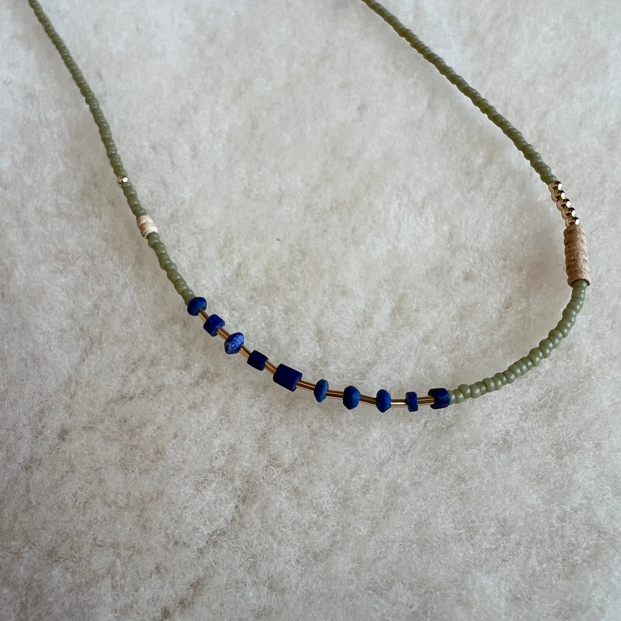 Dainty Beaded Choker - in Sage with Lapis