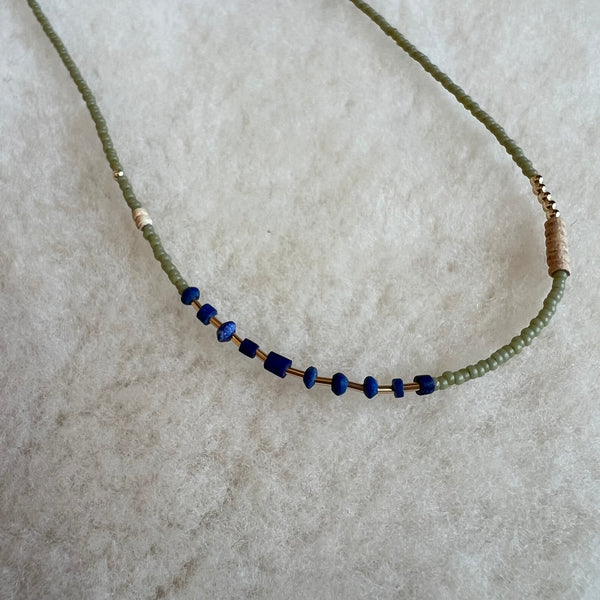 Dainty Beaded Choker - in Sage with Lapis