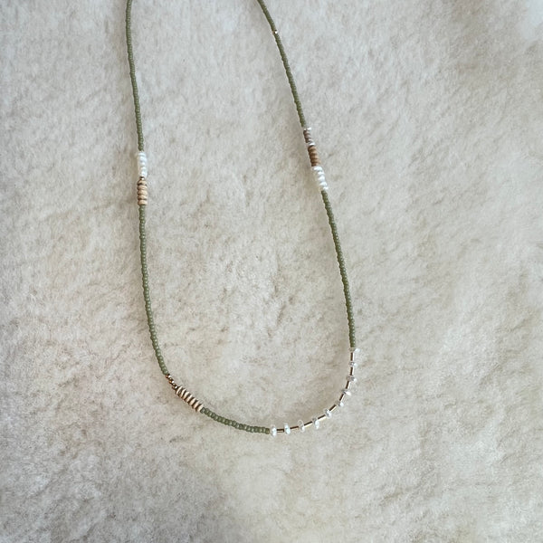 Dainty Beaded Choker- in Sage with Pearls and Clay