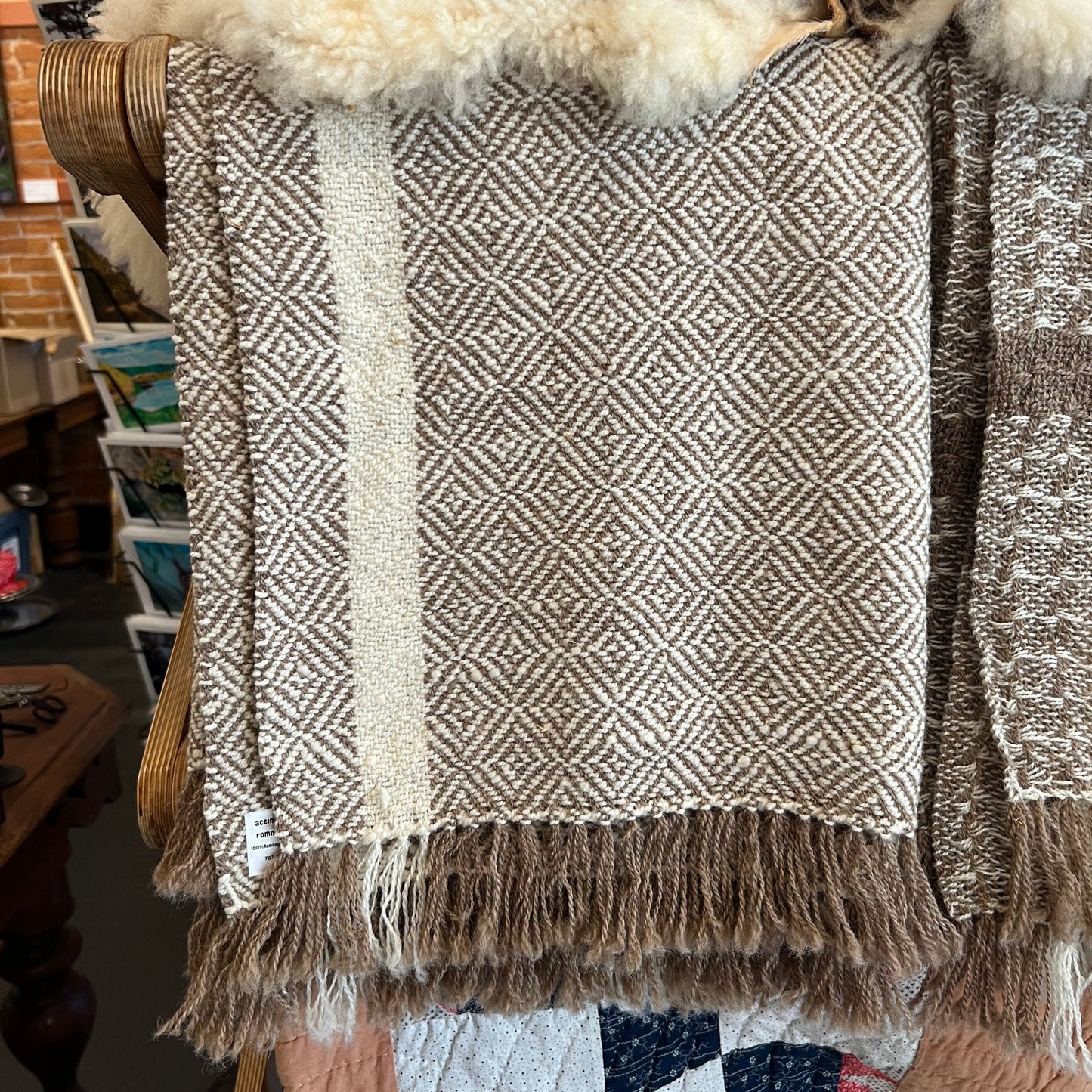 Hand woven throw or small blanket. Woven in Mendocino Mill using locally raised Romney sheep wool mixed with merino wool for softness